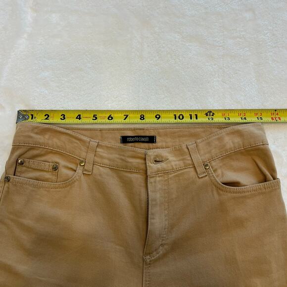 Roberto Cavalli Tan Cotton Stretch Gold Metal Pocket Logo Straight Pants Size 8 - Picture 9 of 11